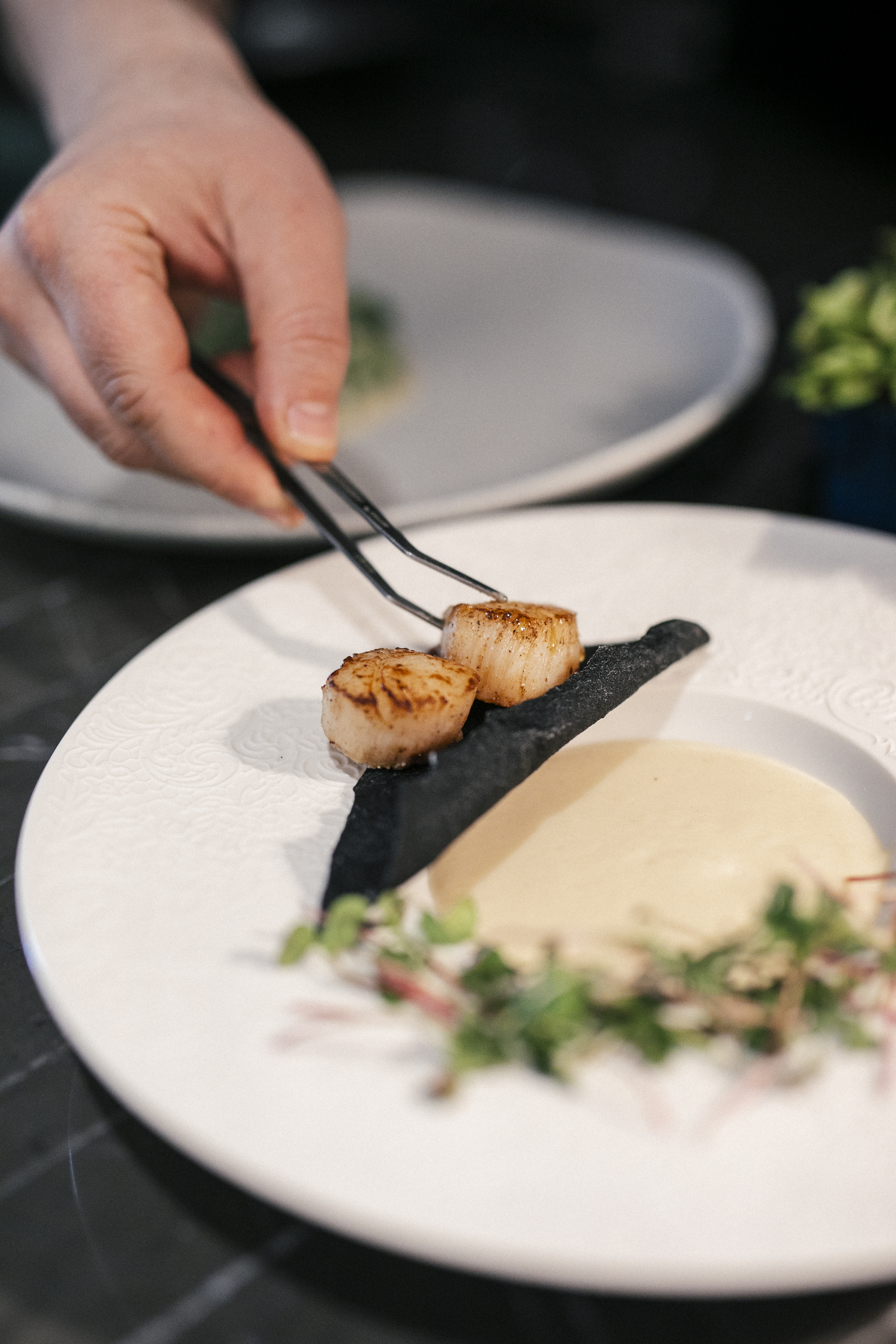 Chef plating seared scallops with black crisp and sauce at Olympos Naoussa restaurant
